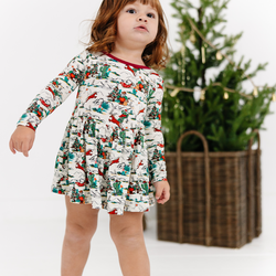 Christmas Snowflake Green Face Dog Long Sleeve Twirl Dress With Bodysuit