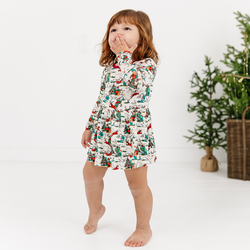 Christmas Snowflake Green Face Dog Long Sleeve Twirl Dress With Bodysuit