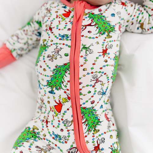 Christmas Tree Light Green Face Baby Bamboo Zipper Romper Pajamas