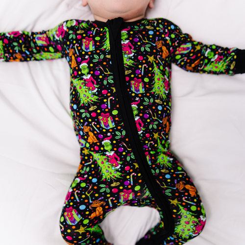Christmas Tree Green Face Gift Baby Bamboo Zipper Romper Pajamas