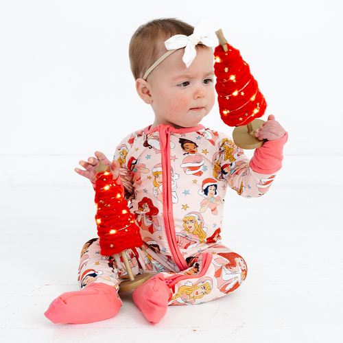 Christmas Pink Princess Baby Bamboo Zipper Romper Pajamas