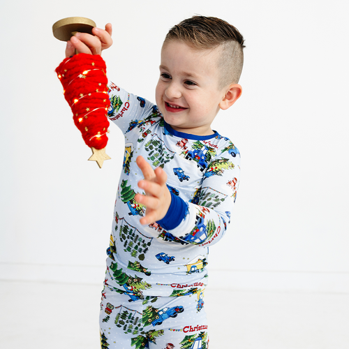 Christmas Blue Car Farm Kids Bamboo Two-Piece Pajama Set