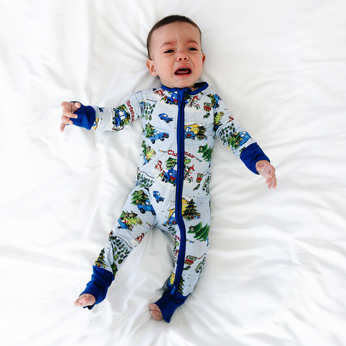 Christmas Blue Car Farm Baby Bamboo Zipper Romper Pajamas