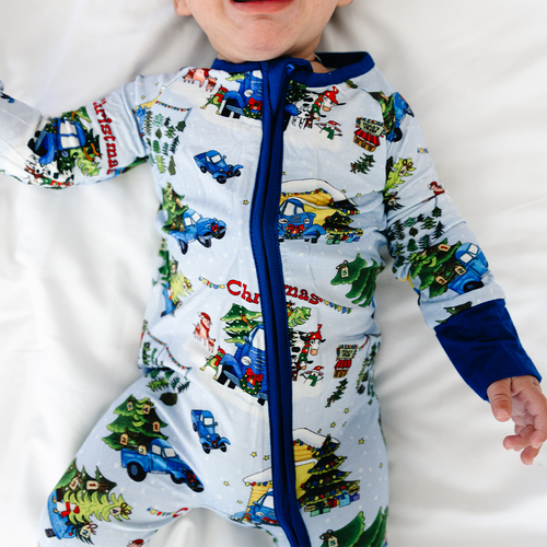 Christmas Blue Car Farm Baby Bamboo Zipper Romper Pajamas