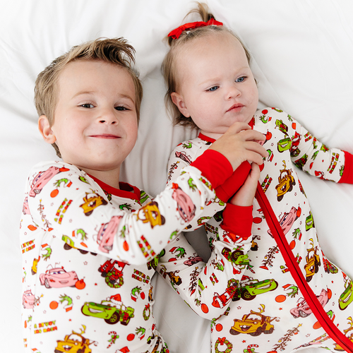 Christmas Cartoon Car Baby Bamboo Zipper Romper Pajamas