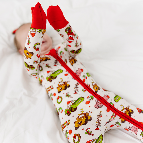Christmas Cartoon Car Baby Bamboo Zipper Romper Pajamas