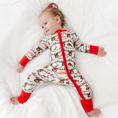 Christmas Green Face Cheer Baby Bamboo Zipper Romper Pajamas