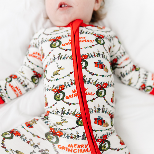 Christmas Green Face Cheer Baby Bamboo Zipper Romper Pajamas