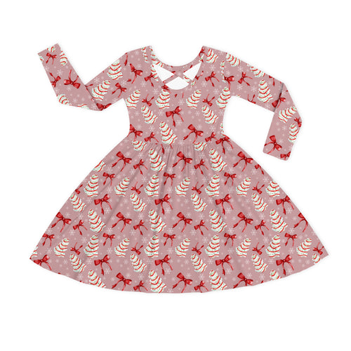 Christmas Pink Tree Cakes and Bows Kid Bamboo Long Sleeve Dress
