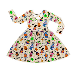 Halloween Colorful Buckets and Fast-food Friends Kids Bamboo Long Sleeves Dress