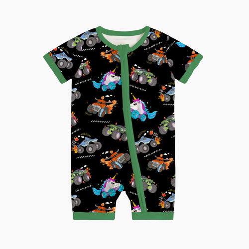 Monster Truck Baby Bamboo Short Zipper Romper Pajamas