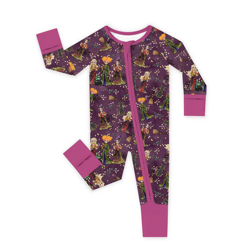 Halloween Hocus Pocus Sisters Witch Purple Bamboo Zipper Romper Pajamas