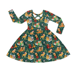 Christmas Safari Lion and Friends on Forest Green Kids Bamboo Long Sleeves Dress