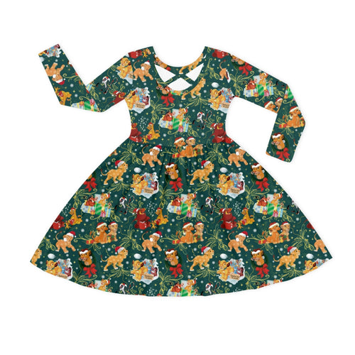 Christmas Safari Lion and Friends on Forest Green Kids Bamboo Long Sleeves Dress