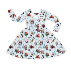 Christmas Snowy Town Santa and Friends Truck on Frost Blue Kids Bamboo Long Sleeves Dress