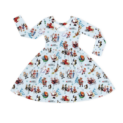 Christmas Snowy Town Santa and Friends Truck on Frost Blue Kids Bamboo Long Sleeves Dress