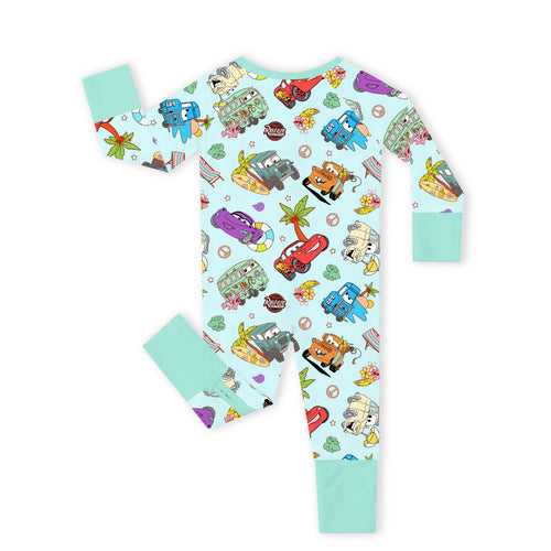 Vintage Cars Road Trip Mint Green Bamboo Zipper Romper Pajamas