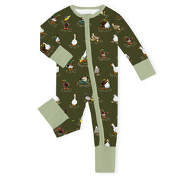 Pondside Duck Parade by the Water Olive Green Bamboo Zipper Romper Pajamas