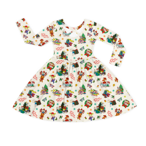 Christmas Green Naughty and Friends Blue Kids Bamboo Long Sleeves Dress