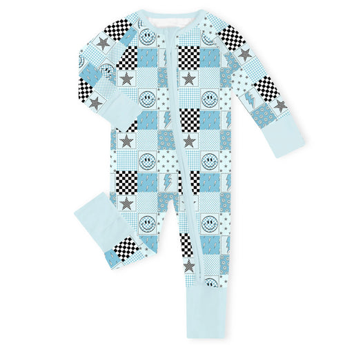 Electric Smiley Check Bamboo Zipper Romper Pajamas