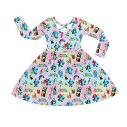 Christmas Blue Monster Friends on Aqua Kids Bamboo Long Sleeves Dress