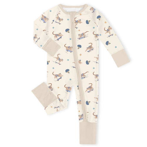 Skateboarding Leopard Cream Bamboo Zipper Romper Pajamas