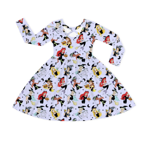 Halloween Princess Pumpkin Bats Purple Kids Bamboo Long Sleeves Dress