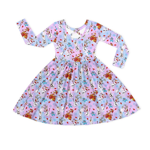 Christmas Big Face Snowman Multicolor Kids Bamboo Long Sleeves Dress