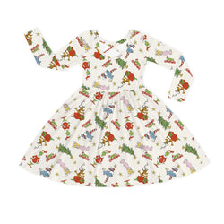 Christmas Green Face And Girl Kids Bamboo Long Sleeves Dress