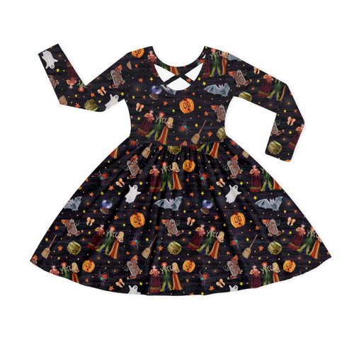 Halloween Witch Sisters Pumpkin Kids Bamboo Long Sleeves Dress