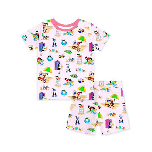 Seaside Surf Pup on Sunny Beach Pink Kids Bamboo Two-Piece Pajama Short Sleeve Set