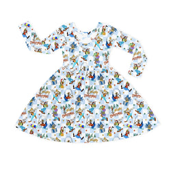 Christmas Blue Check Merry Dog Life Kids Bamboo Long Sleeves Dress