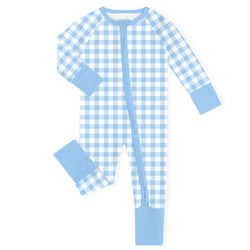 Classic Sunshine Gingham Blue Bamboo Zipper Romper Pajamas