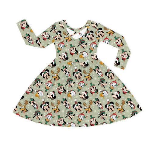 Christmas Mouse and Duck Pals on Forest Green Kids Bamboo Long Sleeves Dress