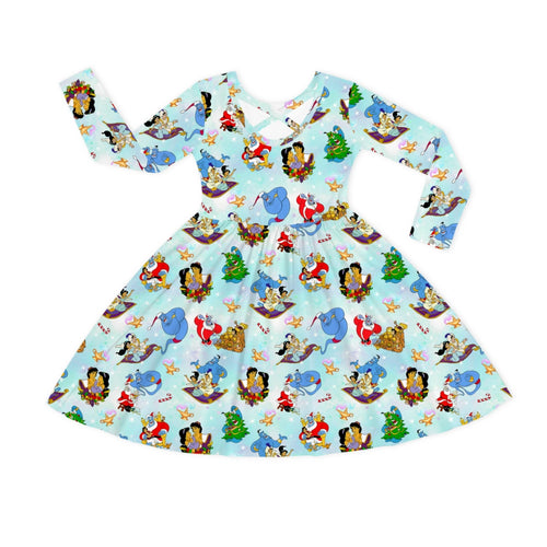 Christmas Blue Genie and Royal Couples Kids Bamboo Long Sleeves Dress