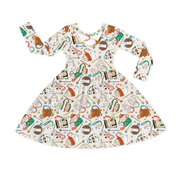 Christmas Mug Print Kids Bamboo Long Sleeves Dress