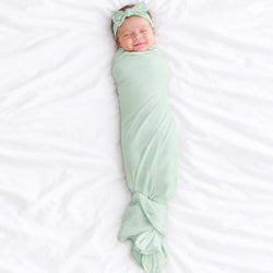 Sage Green Solid Bamboo Swaddle & Luxe Bow Headband Set