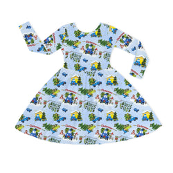 Christmas Blue Car Farm Kids Bamboo Long Sleeves Dress