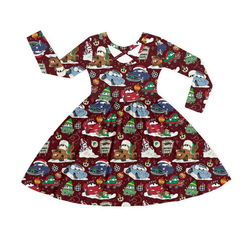 Christmas Car Snow Kids Bamboo Long Sleeves Dress