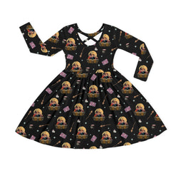 Halloween Witch Sisters Magic Book Kids Bamboo Long Sleeves Dress