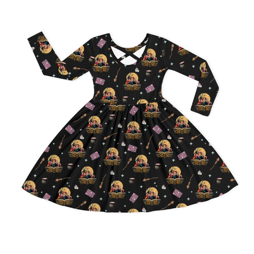 Halloween Witch Sisters Magic Book Kids Bamboo Long Sleeves Dress