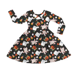 Halloween Smiley Sponge Friends and Pumpkin Kids Bamboo Long Sleeves Dress