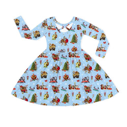 Christmas Safari Park Friends Adventure on Navy Blue Kids Bamboo Long Sleeves Dress