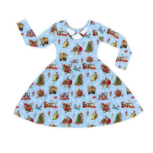 Christmas Safari Park Friends Adventure on Navy Blue Kids Bamboo Long Sleeves Dress