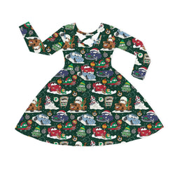 Christmas Car Snow Forest Green Kids Bamboo Long Sleeves Dress