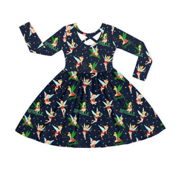 Christmas Sparkle Fairy Pals on Midnight Blue Kids Bamboo Long Sleeves Dress