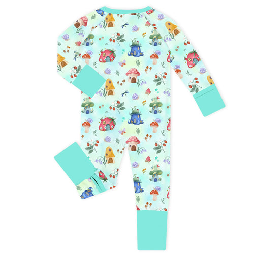 Fairy Mushroom Village Mint Green Bamboo Zipper Romper Pajamas