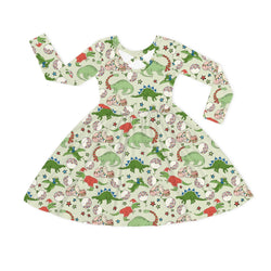 Christmas Cartoon Dinosaur Kids Bamboo Long Sleeves Dress