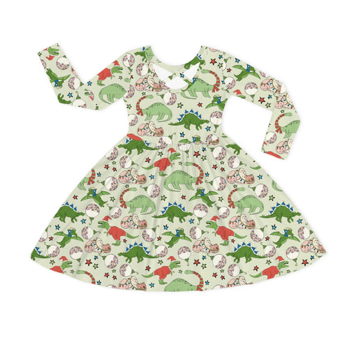 Christmas Cartoon Dinosaur Kids Bamboo Long Sleeves Dress