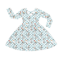 Christmas Big Face Snowman Green Checkered Kids Bamboo Long Sleeves Dress
